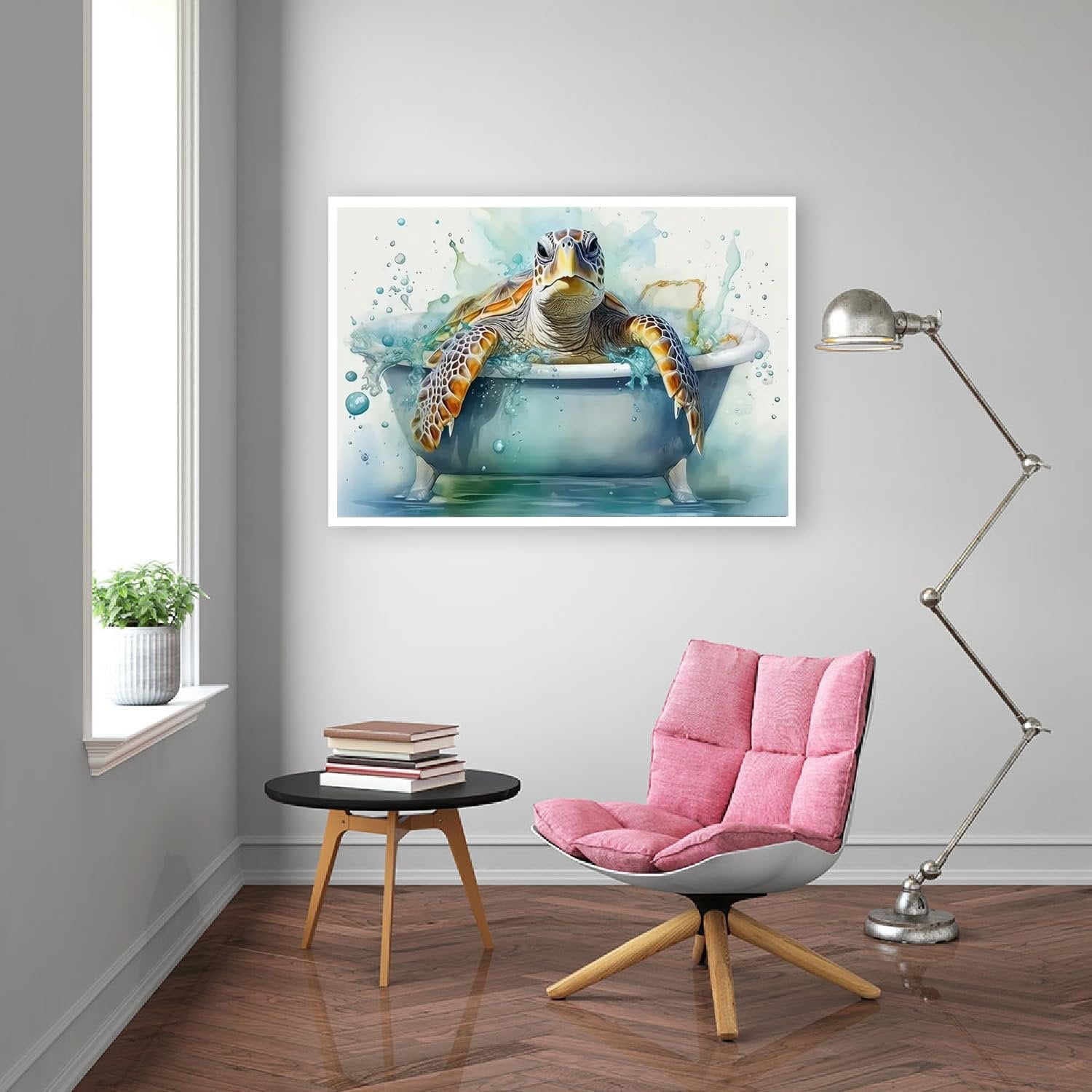 Sea turtle in a bathtub with water splashes, displayed as a framed art piece on a wall.