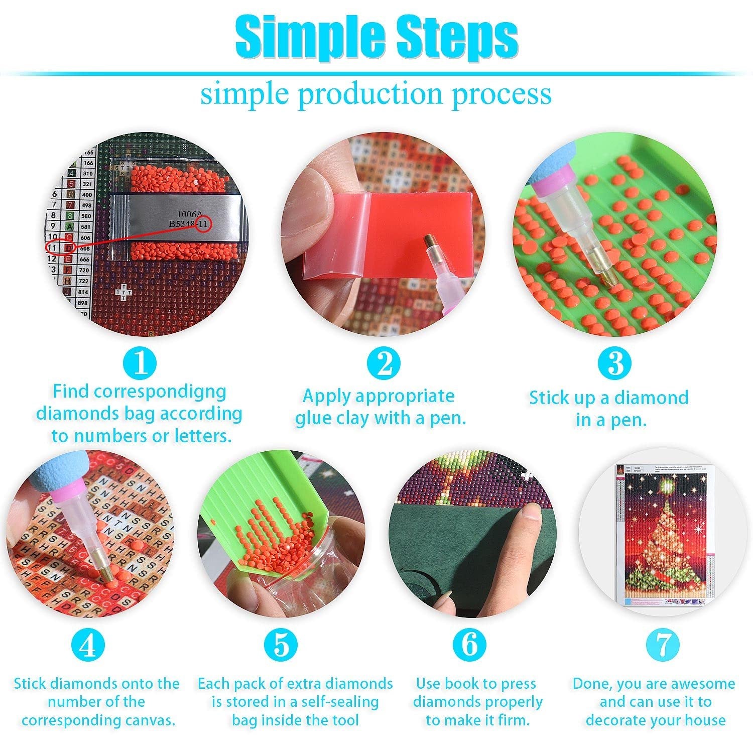 Diamond painting kit instructions showing 7 simple steps with close-ups of materials and process.