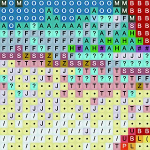 Diamond painting canvas grid with symbols representing rhinestones, showing a close-up of the pattern and color key.