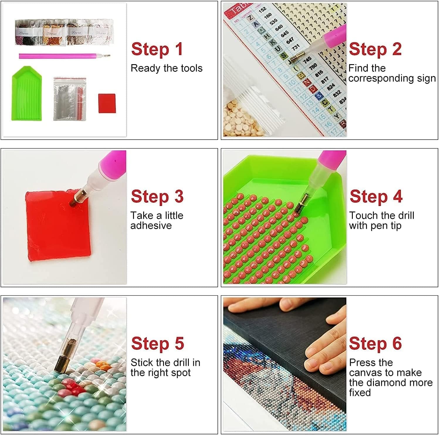 Diamond painting kit instructions showing 6 steps: gathering tools, finding symbols, applying adhesive, picking up drills, sticking drills, and pressing the canvas.