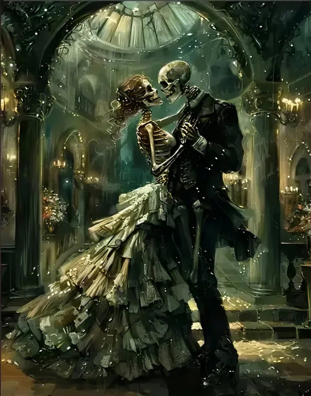 Skeleton couple dancing in a grand ballroom, gothic style, romantic and eerie atmosphere