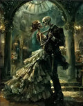 Skeleton couple dancing in a grand ballroom, gothic style, romantic and eerie atmosphere