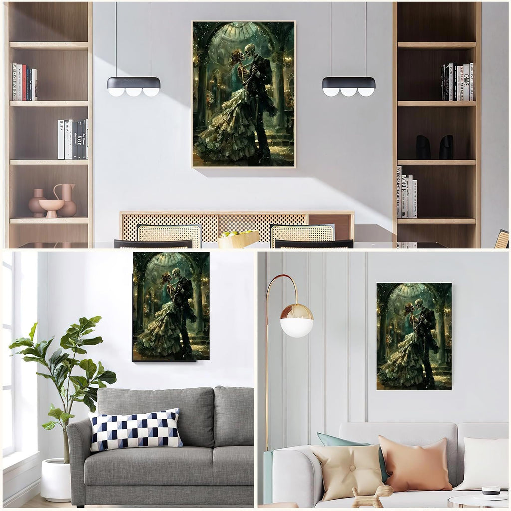 Diamond art painting of a skeleton couple dancing in a ballroom, displayed in three different home decor settings.