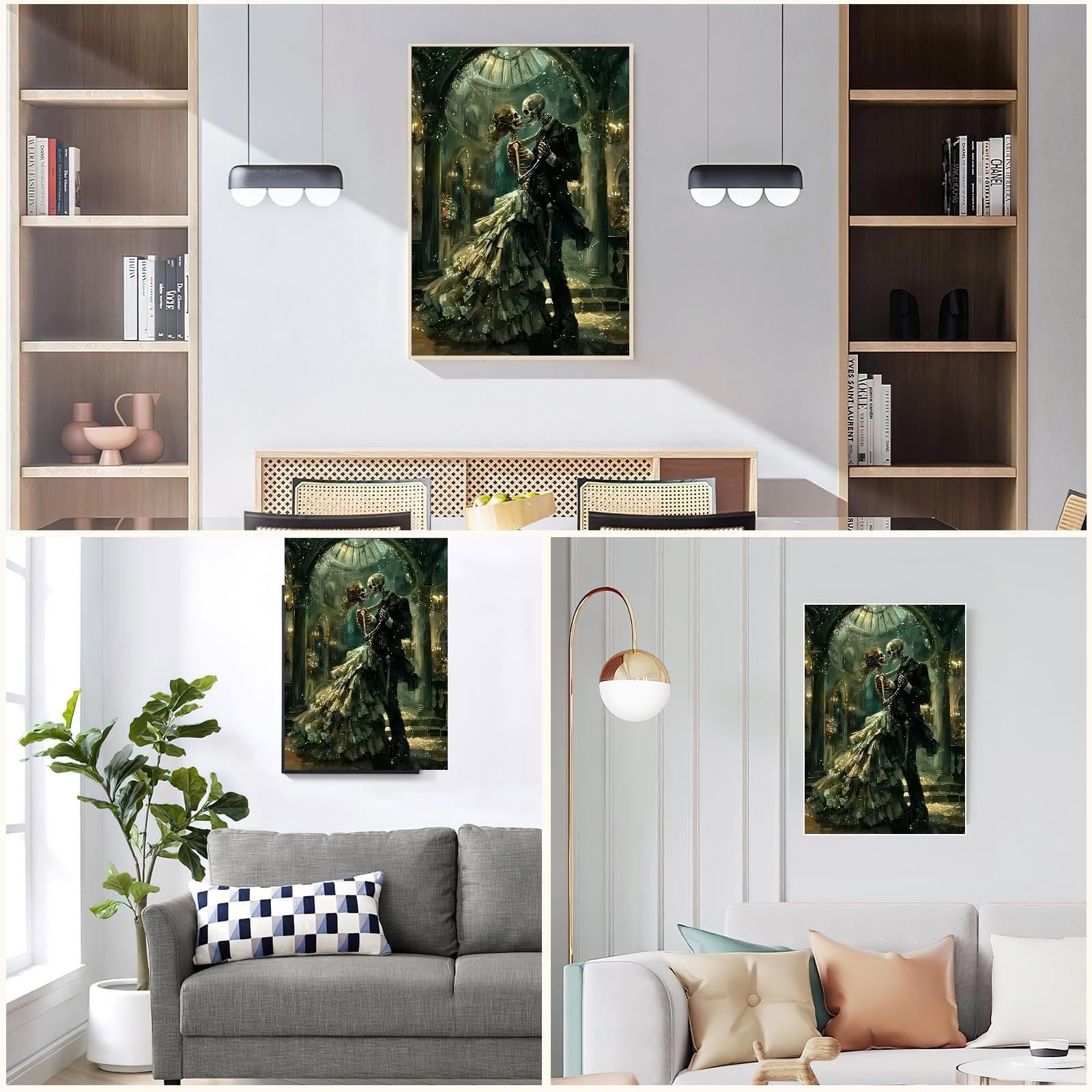 Diamond art painting of a skeleton couple dancing in a ballroom, displayed in three different home decor settings.