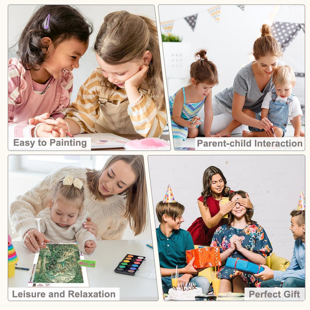 Collage of four scenes: children painting, family interacting, mother and child doing crafts, and teens exchanging gifts.