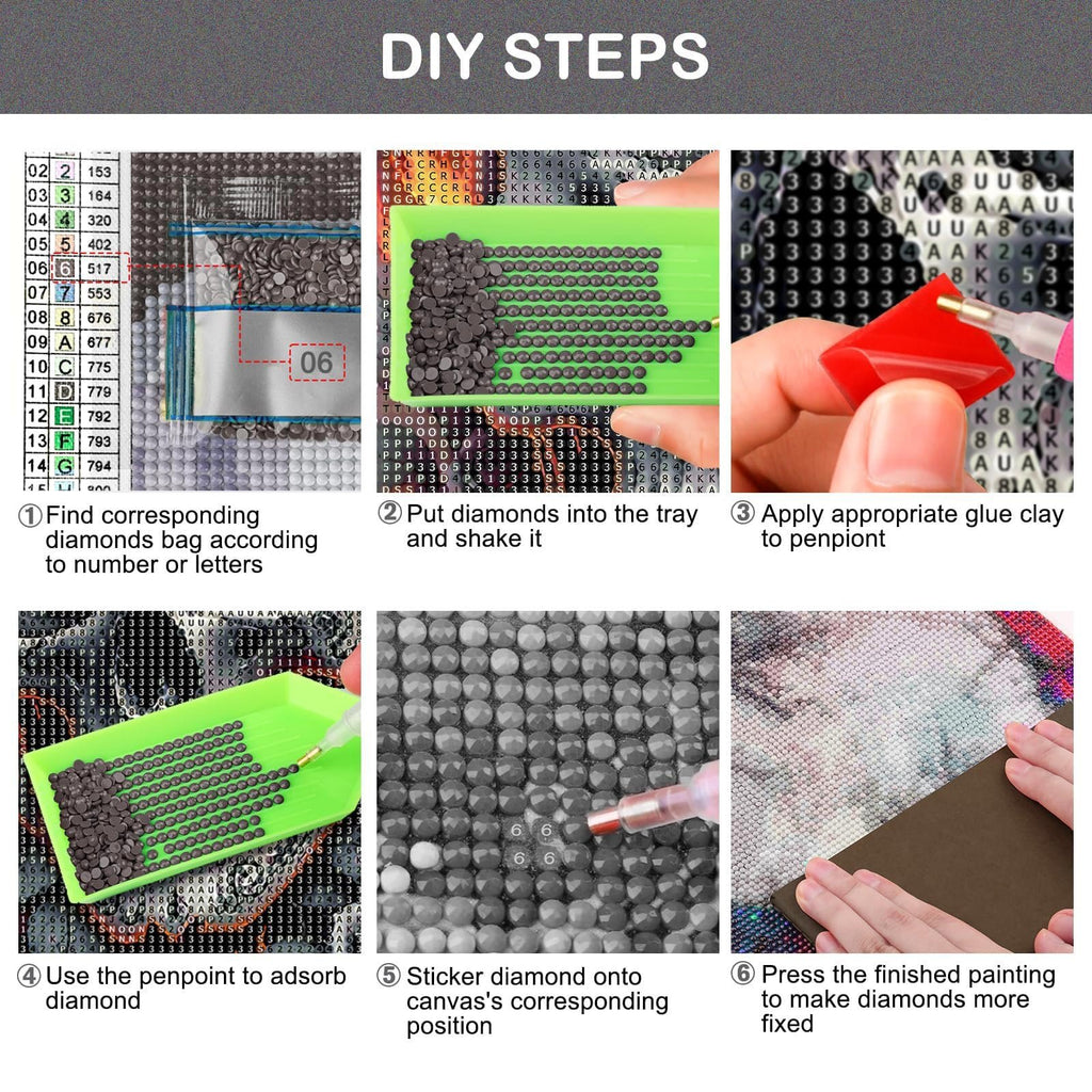 Collage of six steps demonstrating how to create a diamond art painting, showing diamond sorting, application, and finishing.