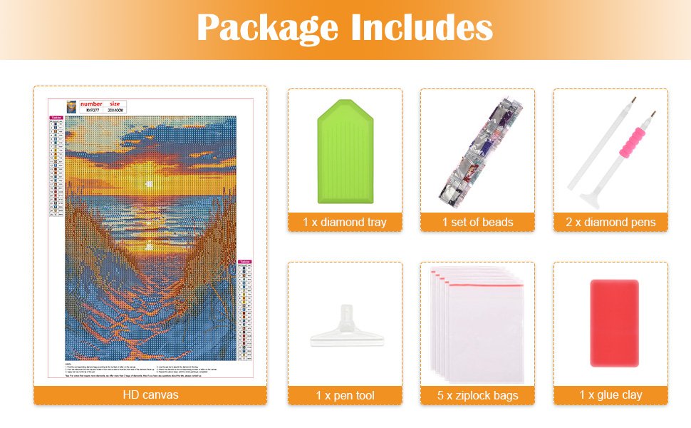Diamond painting kit contents laid out, showing HD canvas with sunset beach scene, diamond tray, beads, pens, ziplock bags, and glue clay.