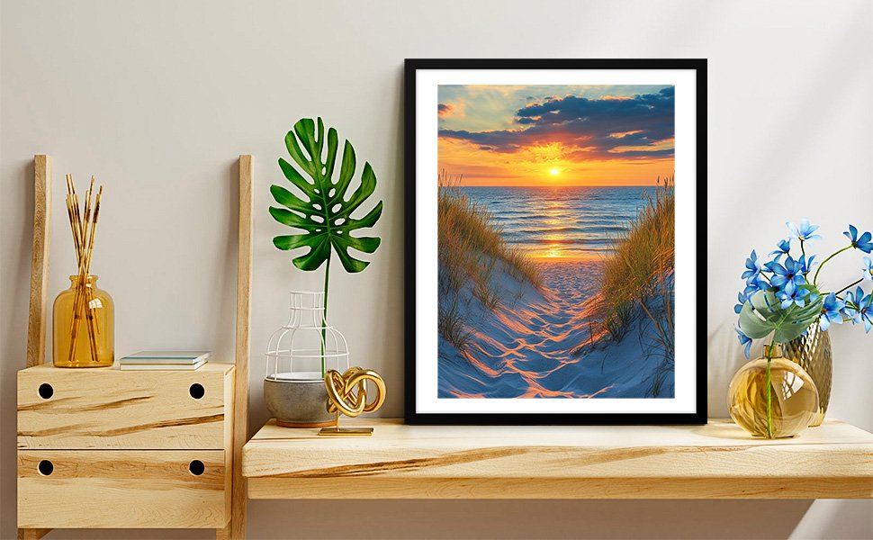 Framed diamond painting of a sunset beach path with dunes and ocean waves.