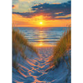 Path through sand dunes to a beach at sunset with ocean waves and dramatic clouds.