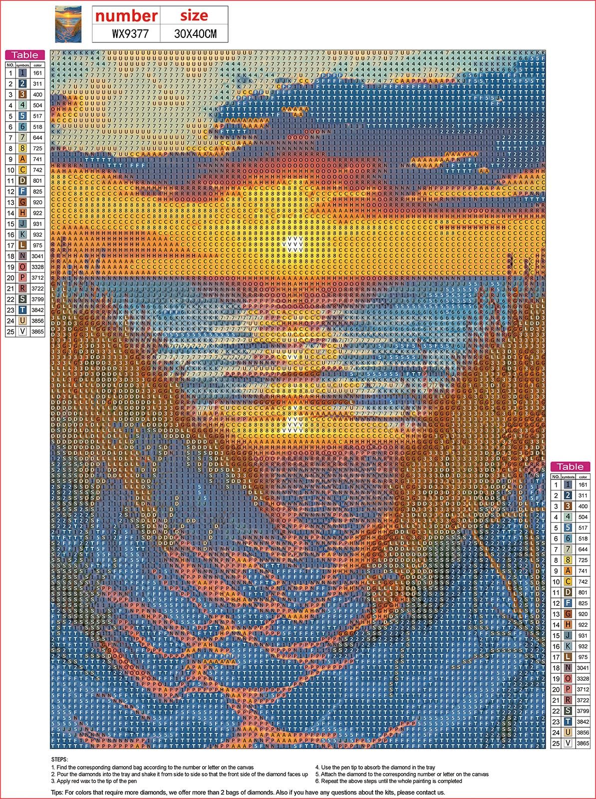 Diamond painting canvas showing a sunset beach scene with a color-coded grid and legend.