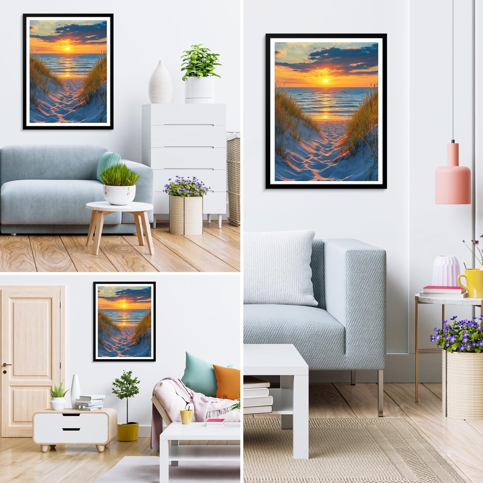 Framed diamond painting of a sunset beach path with dunes and ocean, displayed in a living room setting.