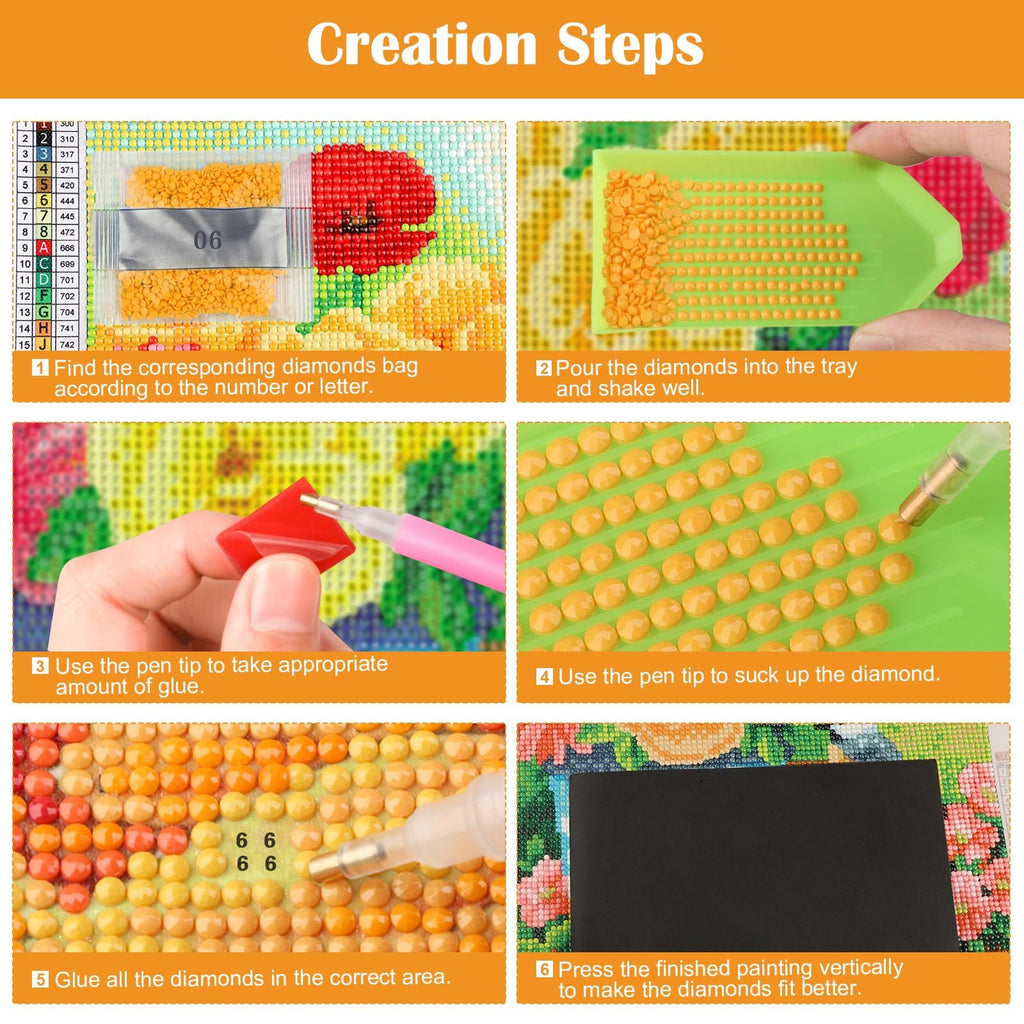 Diamond painting creation steps showing how to apply diamonds using a tray and pen.