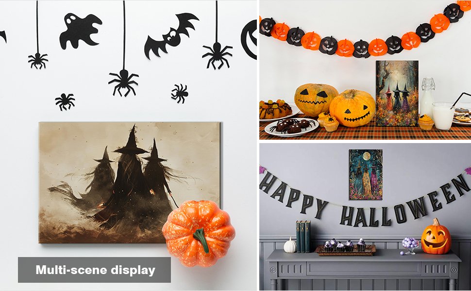 Collage of Halloween decor including witches art, pumpkins, and banners.