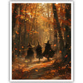 Three witches in black cloaks and pointed hats walk down a path in an autumn forest with falling leaves.