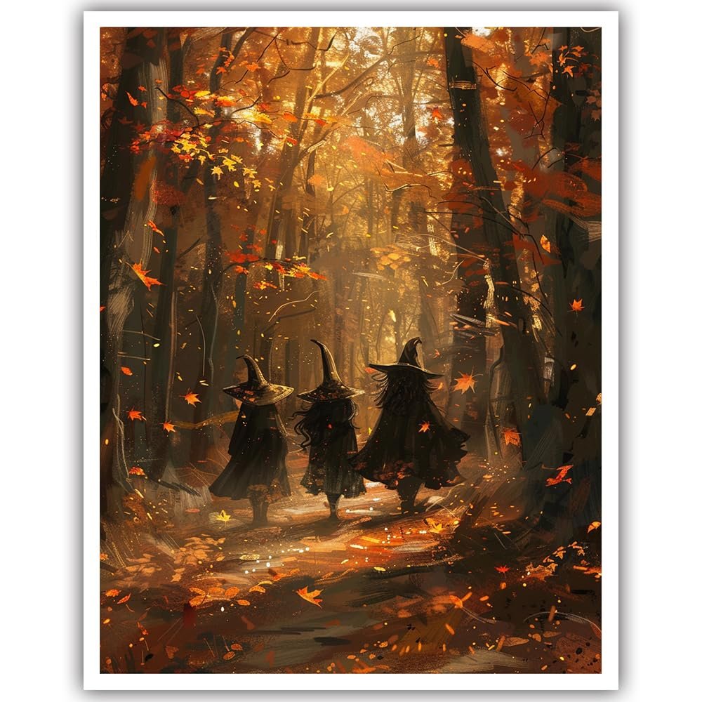 Three witches in black cloaks and pointed hats walk down a path in an autumn forest with falling leaves.