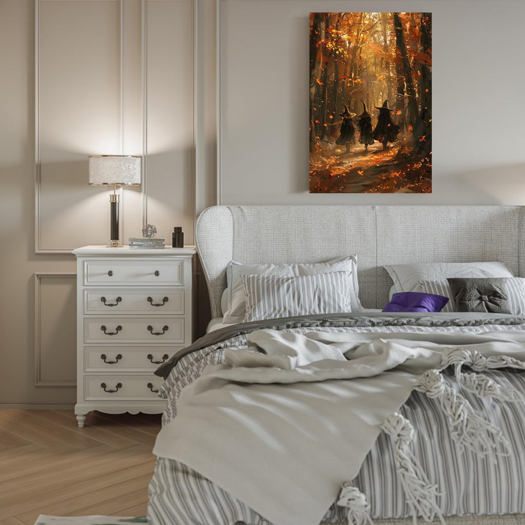 Canvas wall art depicting three witches walking through a sun-dappled maple forest in autumn, displayed above a bed.