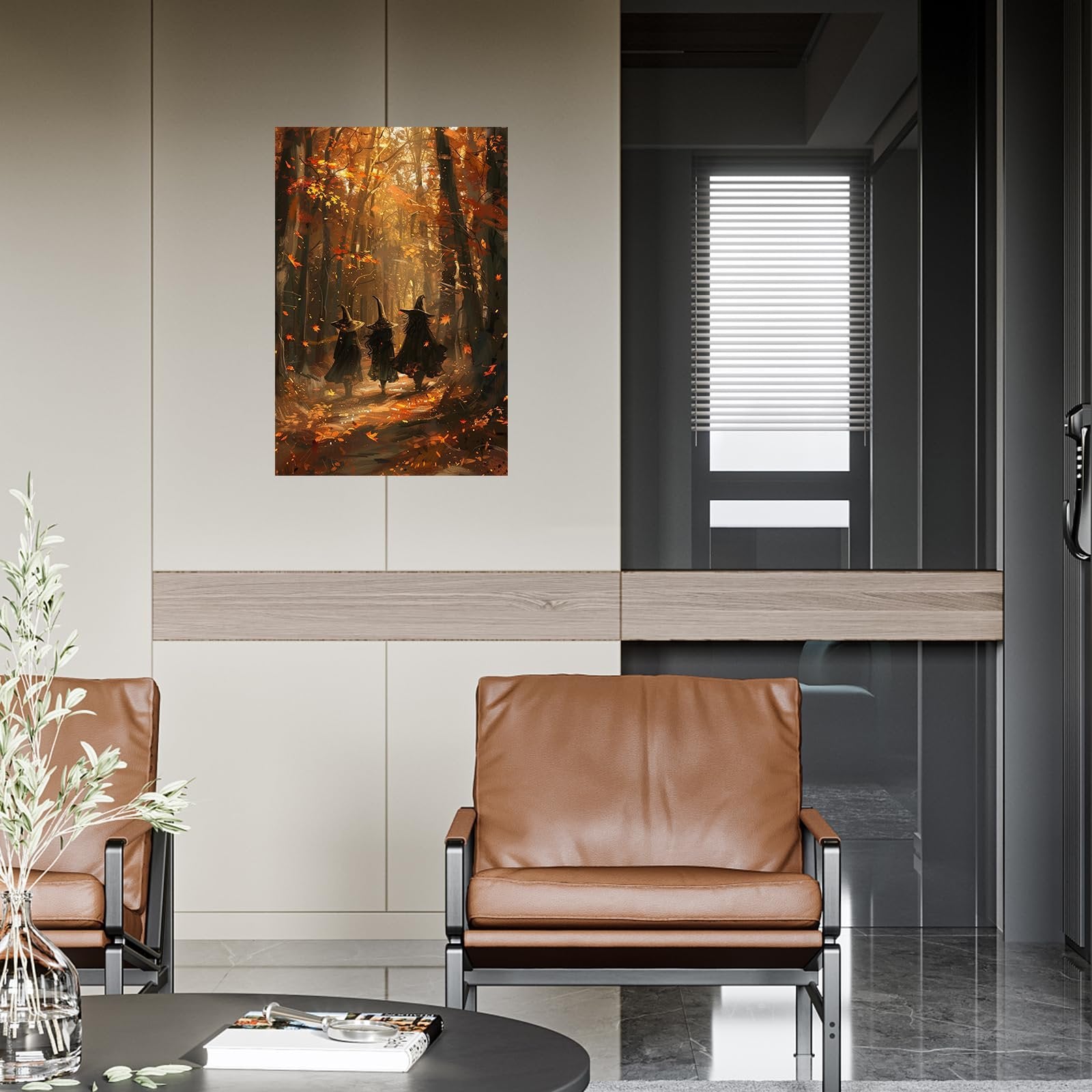 Three witches walking through a maple forest in autumn, depicted on canvas wall art.