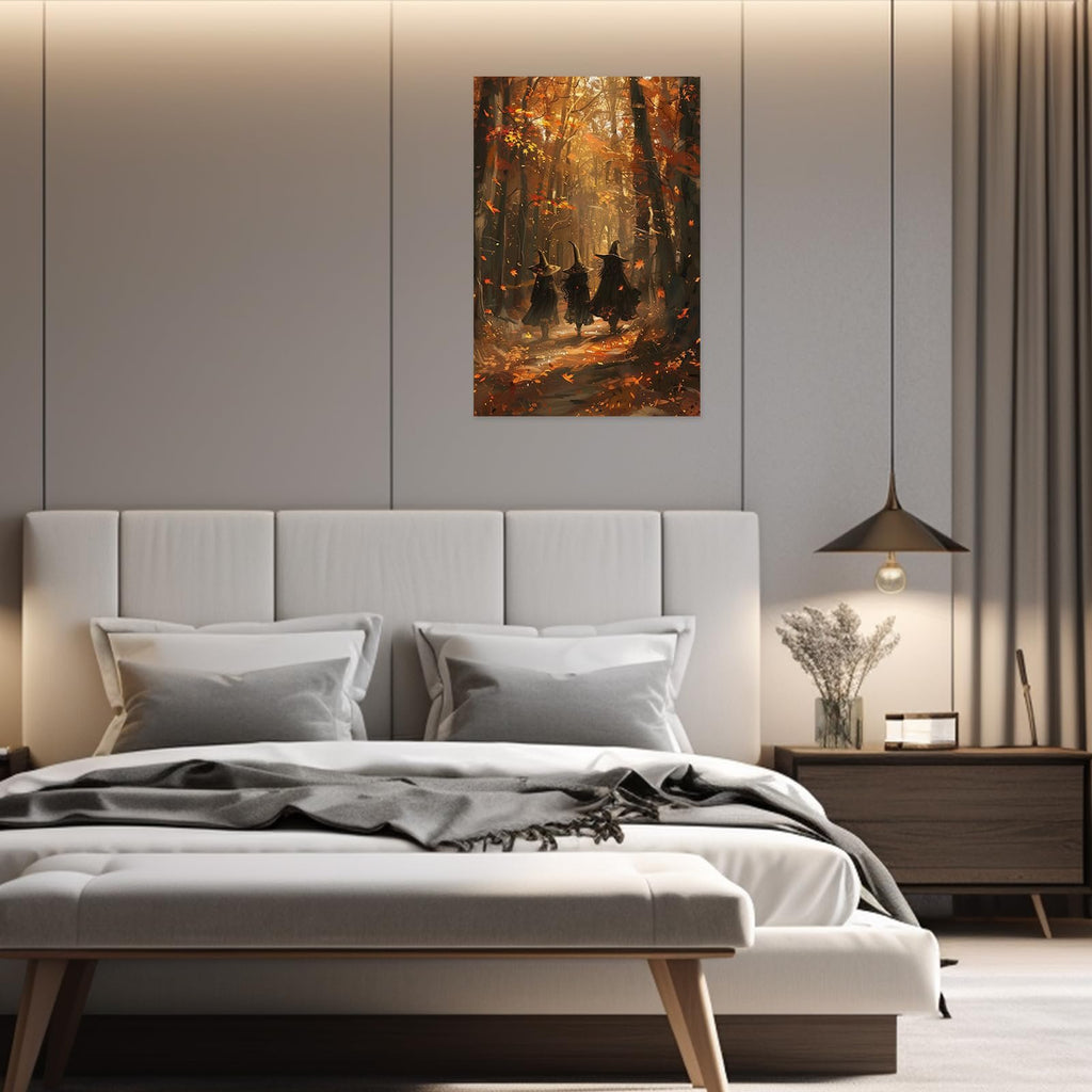 Three witches walking through a sun-dappled maple forest in autumn, canvas wall art displayed in a bedroom.