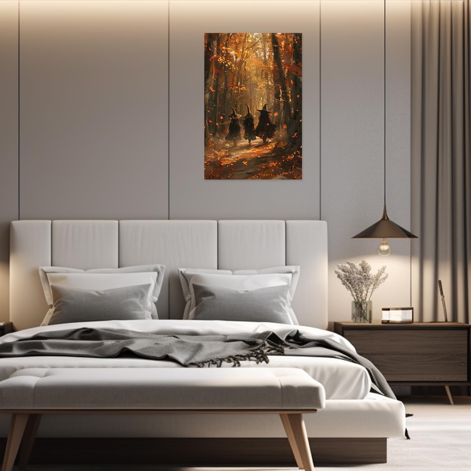 Three witches walking through a sun-dappled maple forest in autumn, canvas wall art displayed in a bedroom.