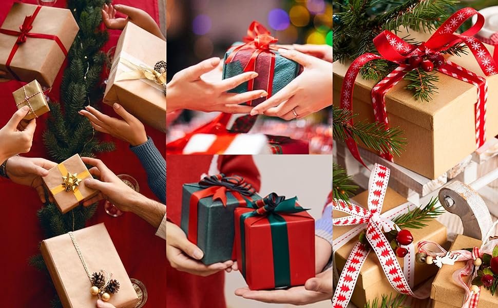 Collage of hands exchanging and holding wrapped Christmas gifts with festive ribbons and pine sprigs.