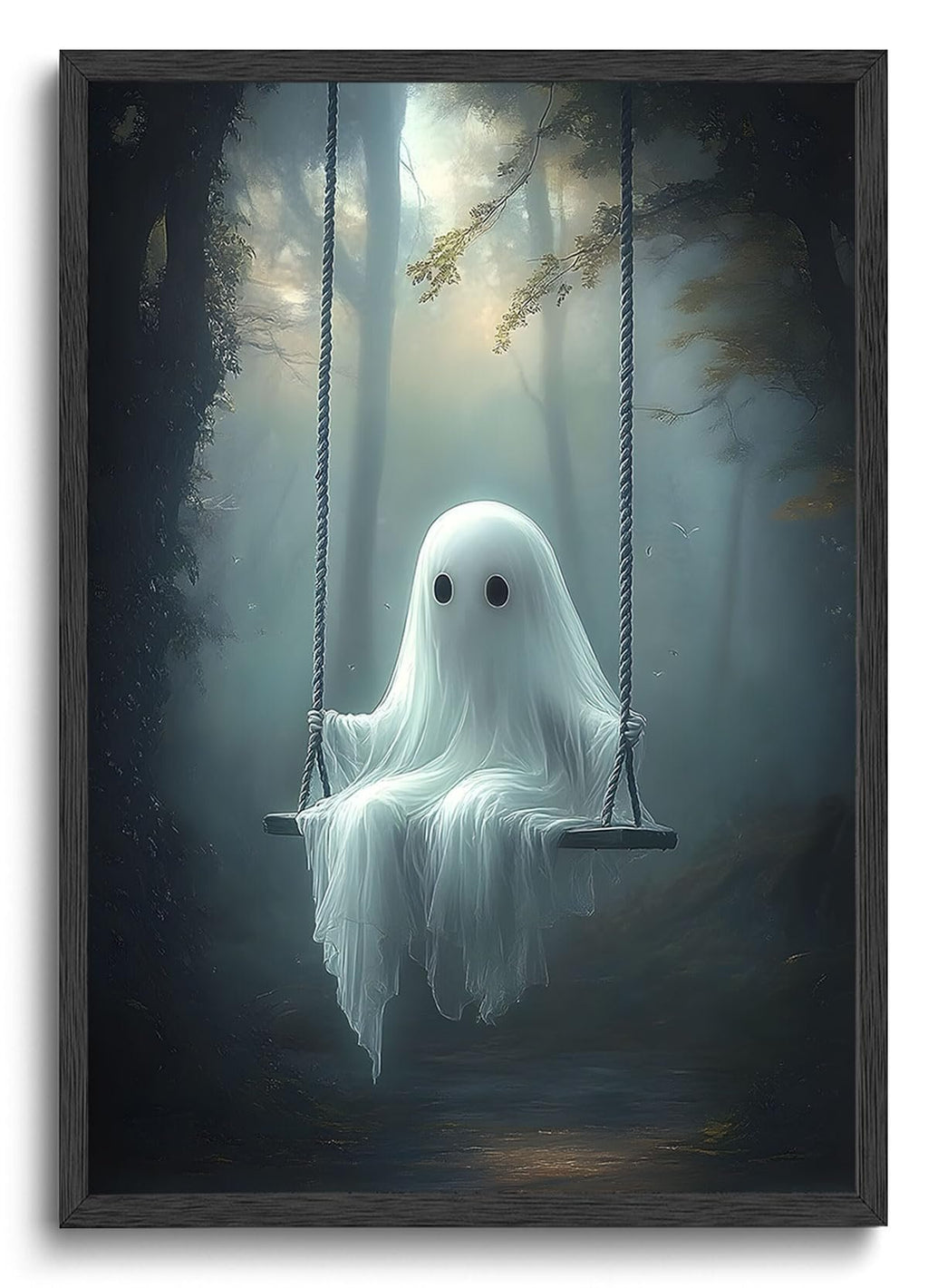 Ghost on a swing in a foggy forest, framed art print