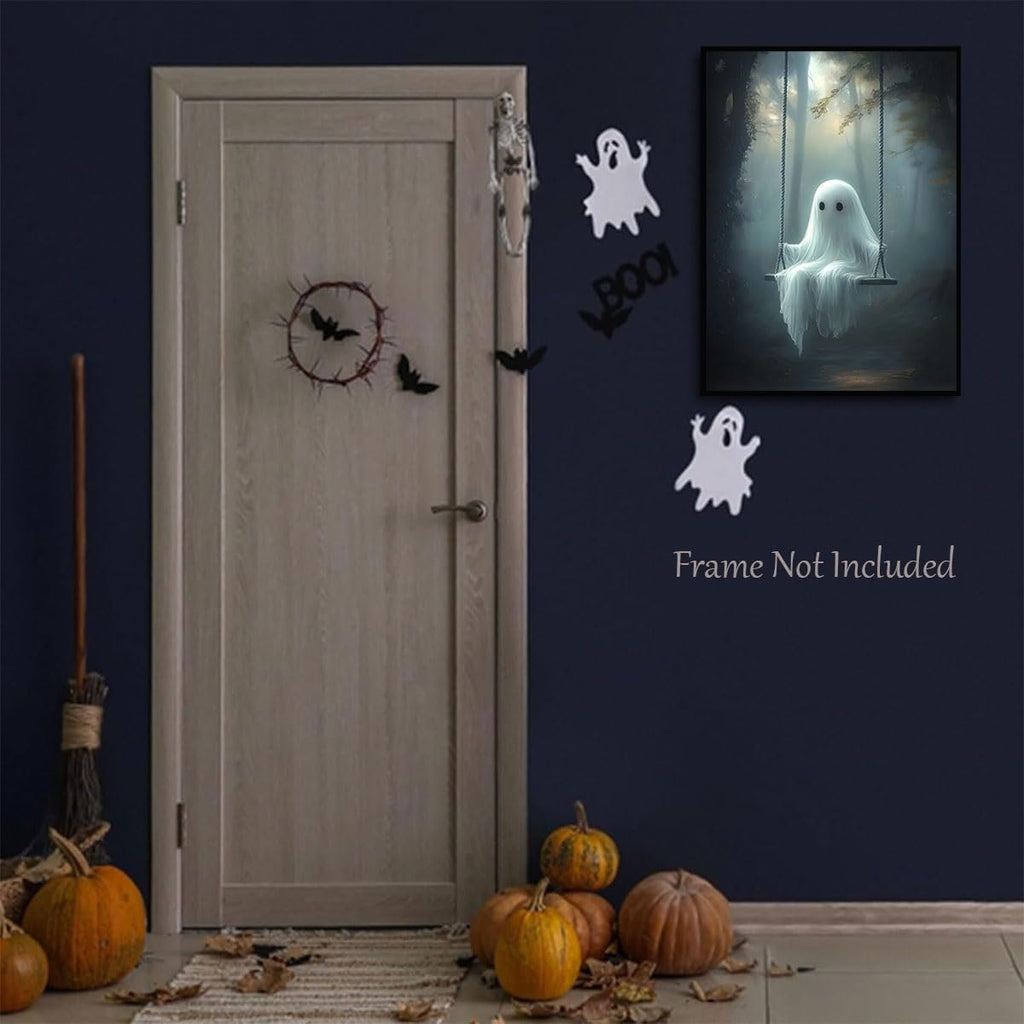Halloween decor with a ghost on a swing painting, pumpkins, broom, and door decorations