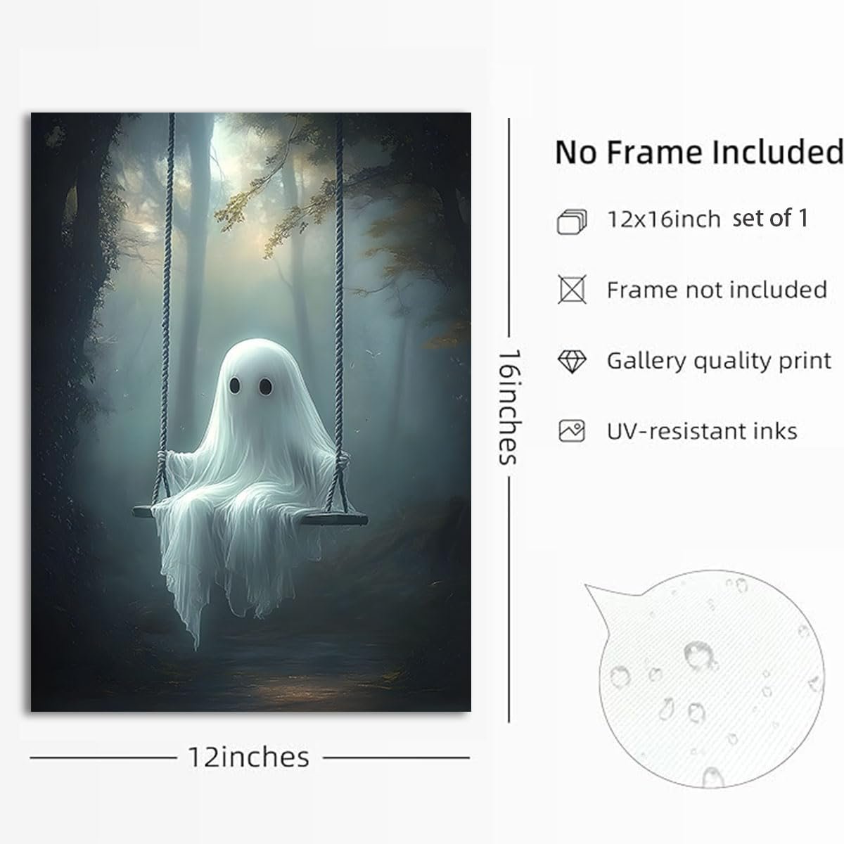 Ghost on a swing in a misty forest, with text overlays indicating dimensions and features.