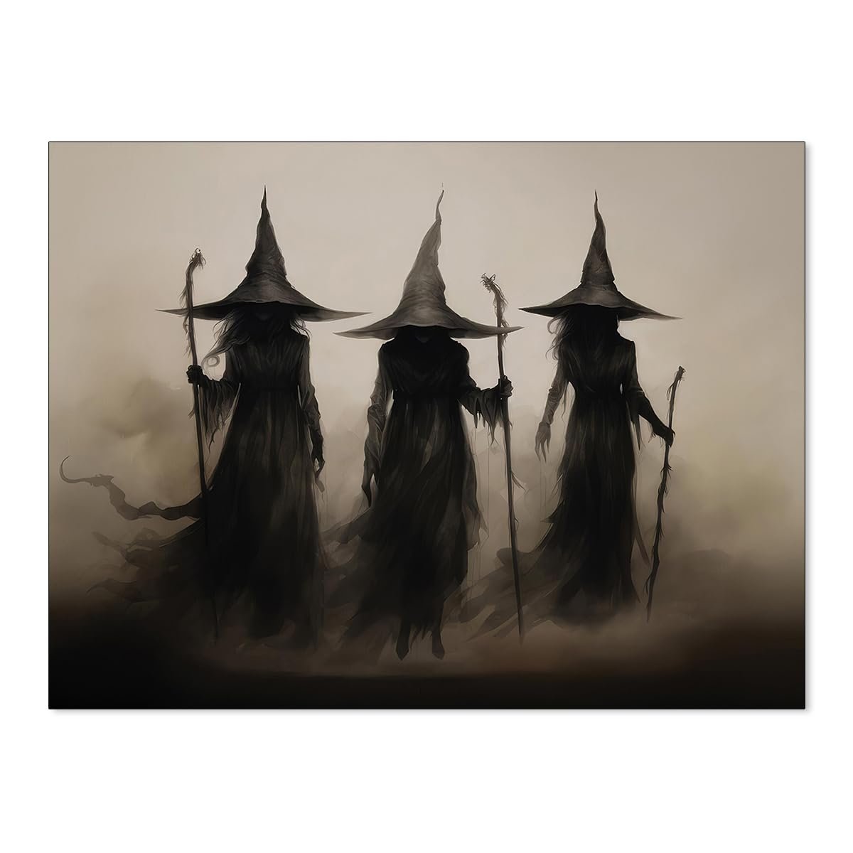 Three gothic witches in dark robes and pointed hats holding staffs, rendered in a dark, atmospheric style.
