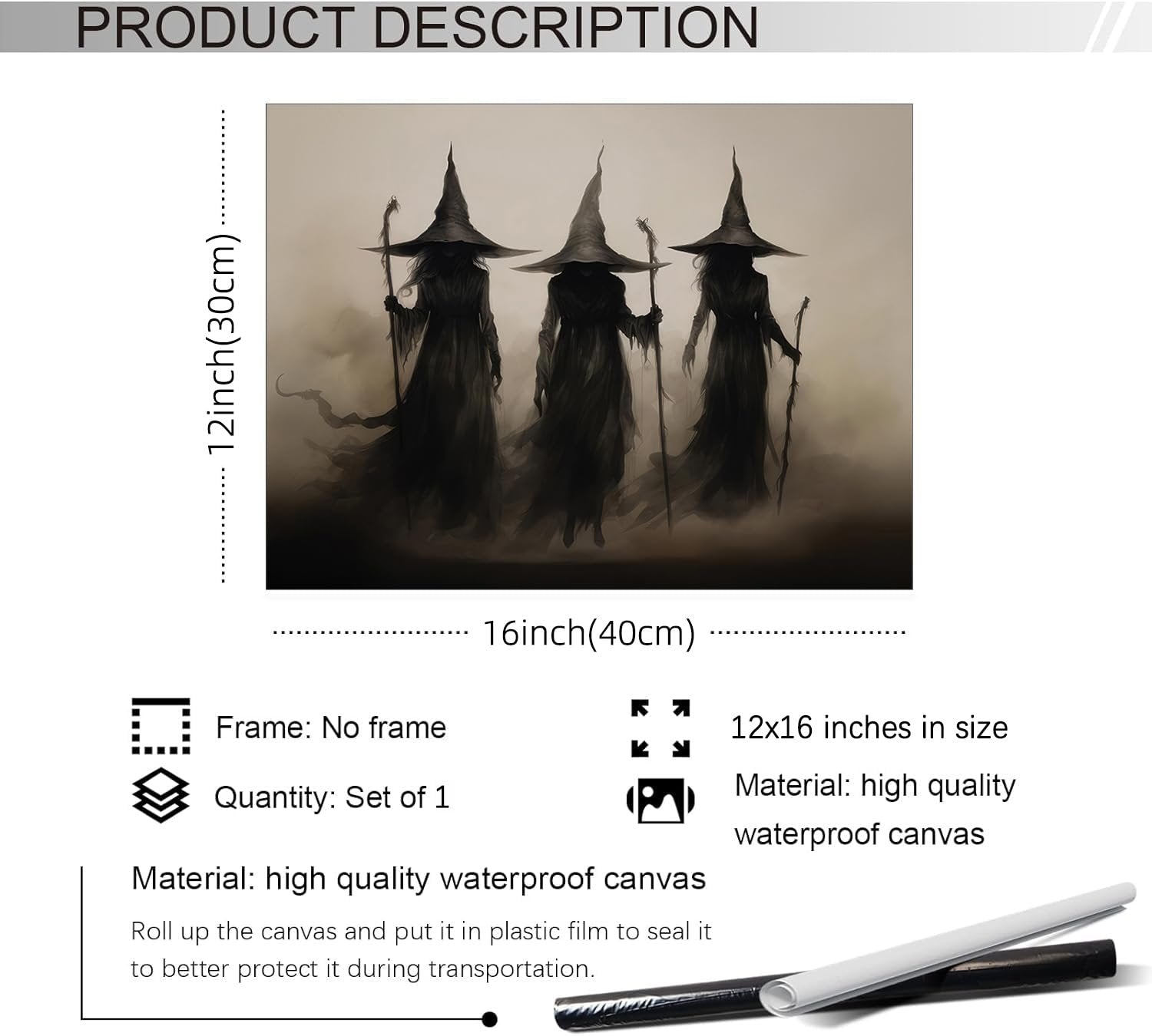 Gothic witches wall art print with dimensions and material details. Three witches in black robes and pointed hats hold magic wands.