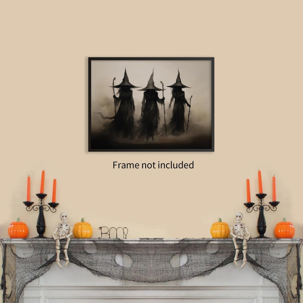 Gothic witches art print on wall above Halloween mantelpiece decor