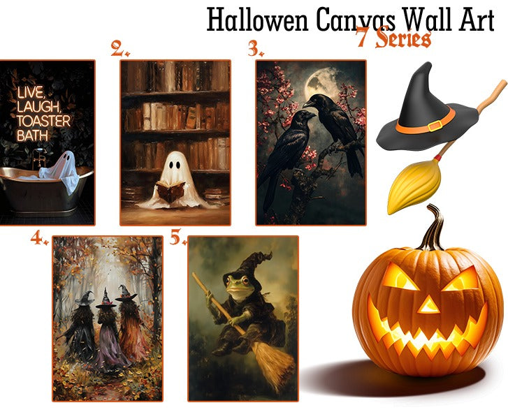 Collage of Halloween-themed wall art prints featuring ghosts, witches, crows, and a frog on a broomstick, alongside a jack-o'-lantern and witch hat.
