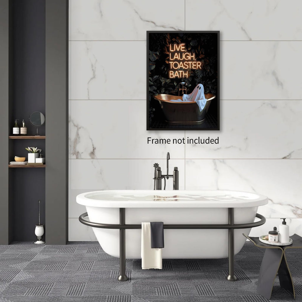 Halloween ghost in bathtub with neon sign that says LIVE, LAUGH, TOASTER BATH