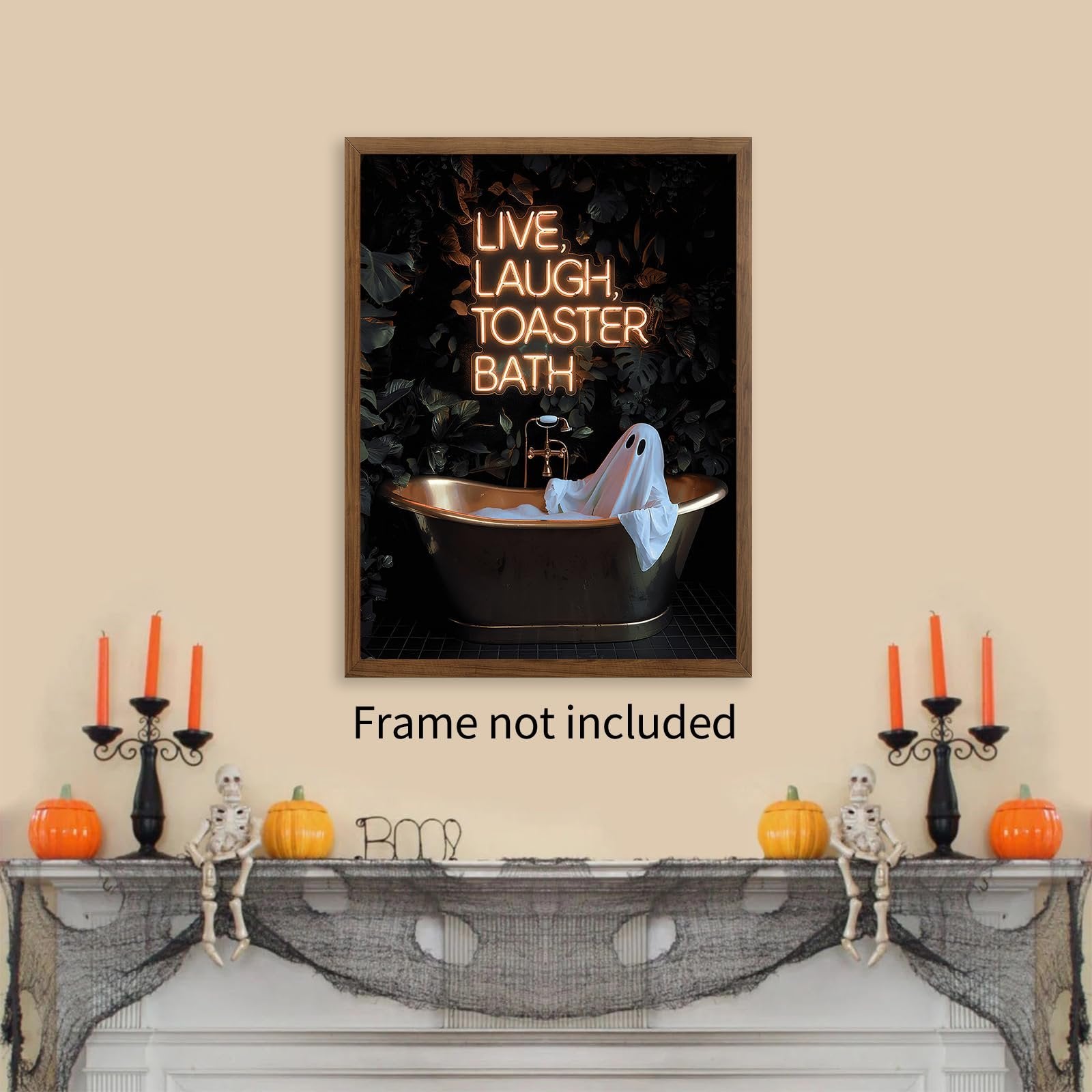 Halloween ghost in bathtub with neon sign that says LIVE, LAUGH, TOASTER BATH. Frame not included text below.