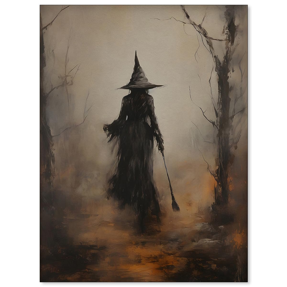 Dark moody canvas wall art of a witch in a pointed hat and flowing dress walking through a misty forest with a broomstick.