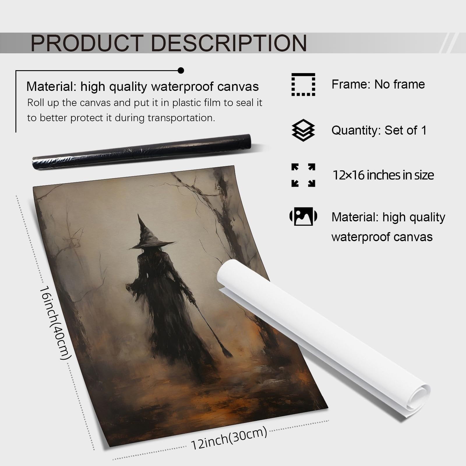 Dark moody witch in forest canvas wall art, unframed poster showing product details and dimensions.
