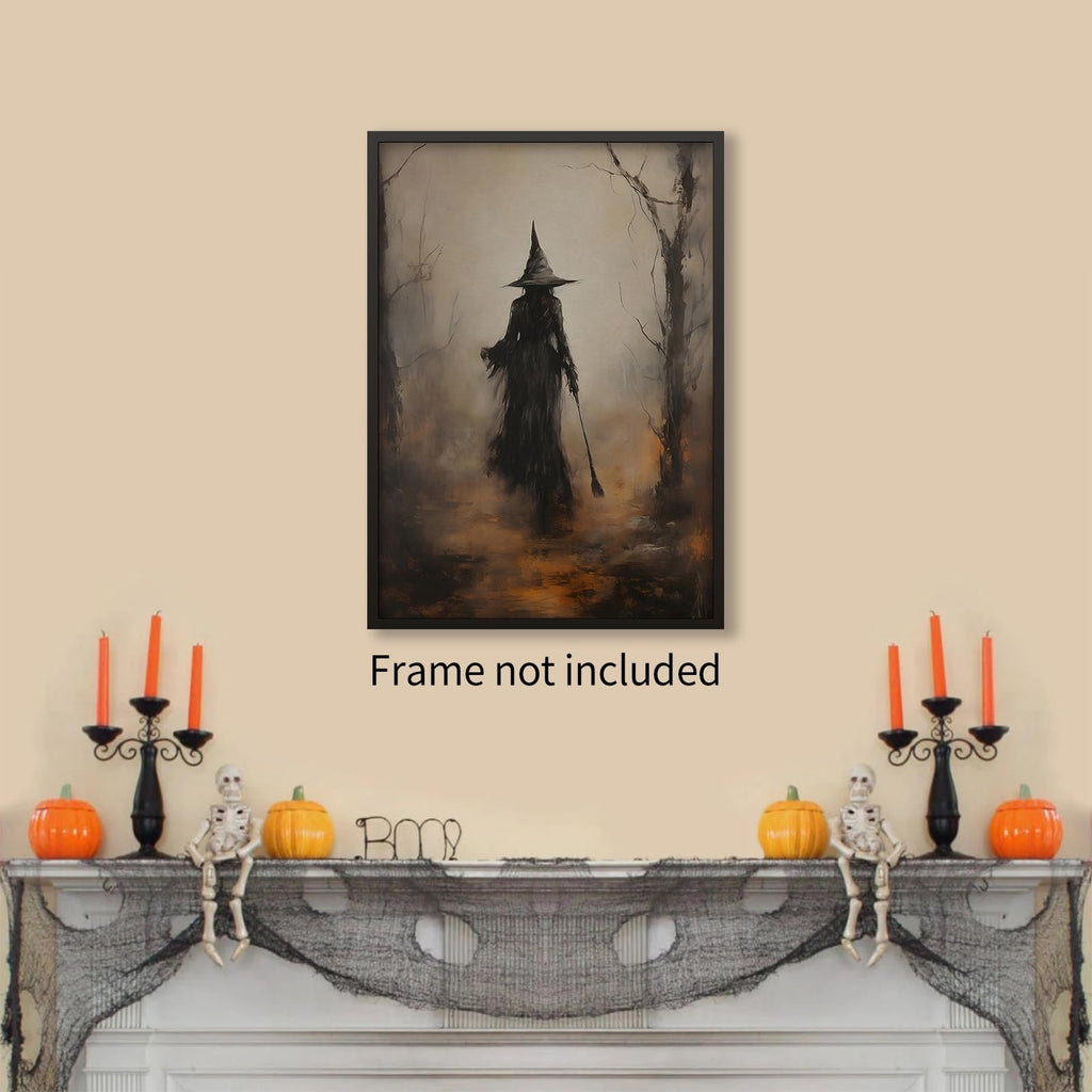 Dark moody Halloween art print of a witch in a forest, displayed above a decorated mantelpiece.