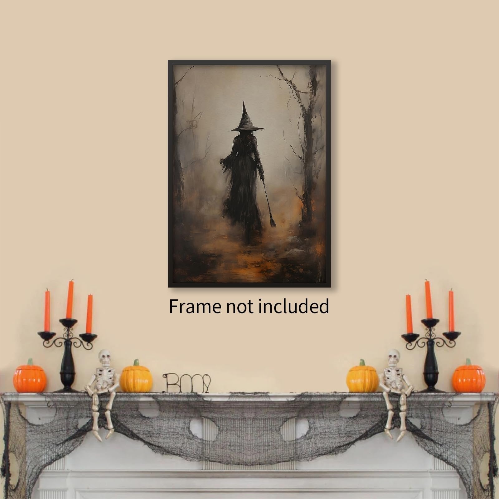 Dark moody Halloween art print of a witch in a forest, displayed above a decorated mantelpiece.