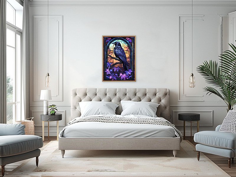 Diamond painting of a crow on a branch with purple leaves, framed and hanging above a bed in a bedroom.