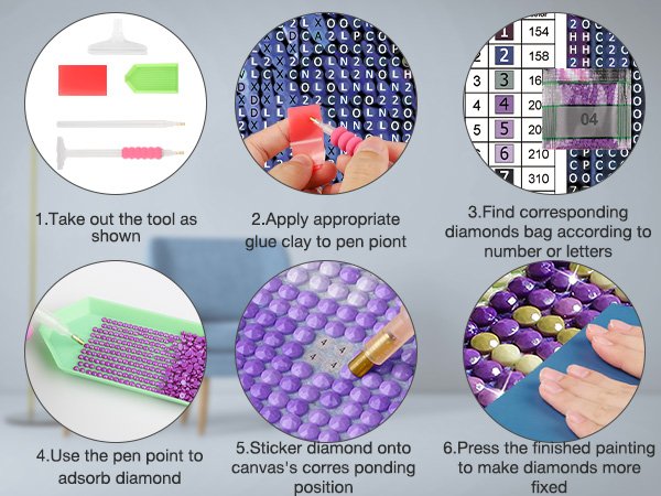 Diamond painting kit instructions showing 6 steps: tools, applying glue, finding diamond bags, picking up diamonds, placing diamonds, and pressing finished painting.