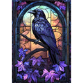Stained glass style crow perched on a branch with purple leaves, set against a colorful arched window background.