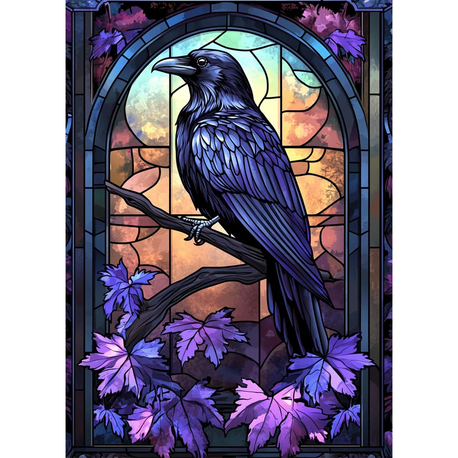 Stained glass style crow perched on a branch with purple leaves, set against a colorful arched window background.