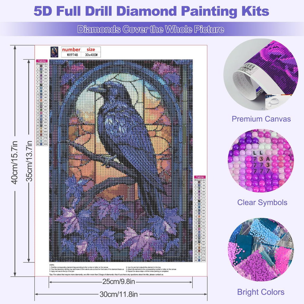 5D diamond painting kit featuring a crow on a branch with stained glass background, includes color chart and instructions.