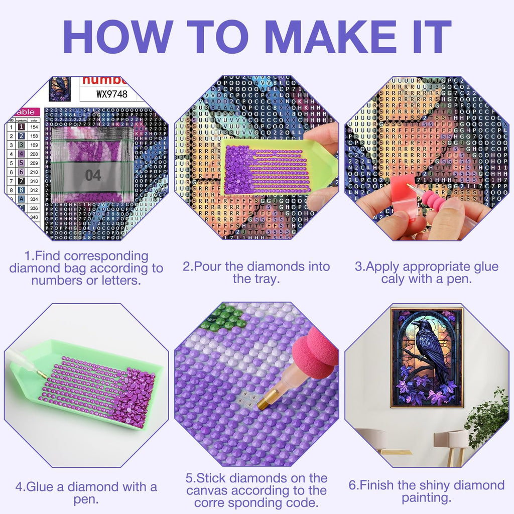Diamond painting kit instructions showing 6 steps with close-ups of materials and the finished crow artwork.