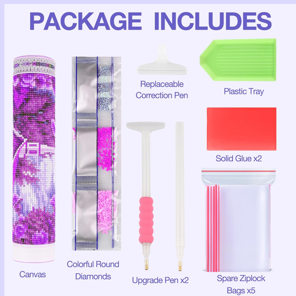 Diamond painting kit contents including canvas, colorful diamonds, correction pen, upgrade pens, plastic tray, solid glue, and ziplock bags.