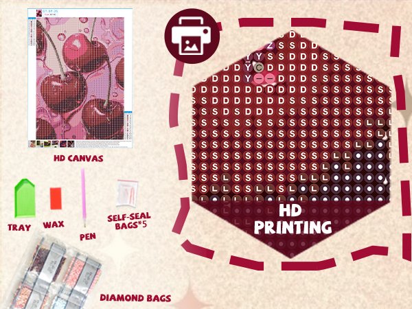 Diamond painting kit contents including canvas, tray, wax, pen, and diamond bags, with a close-up of diamond symbols.