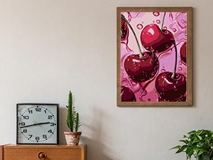 Framed diamond painting artwork of glossy red cherries with water droplets on a pink background, hanging on a wall.