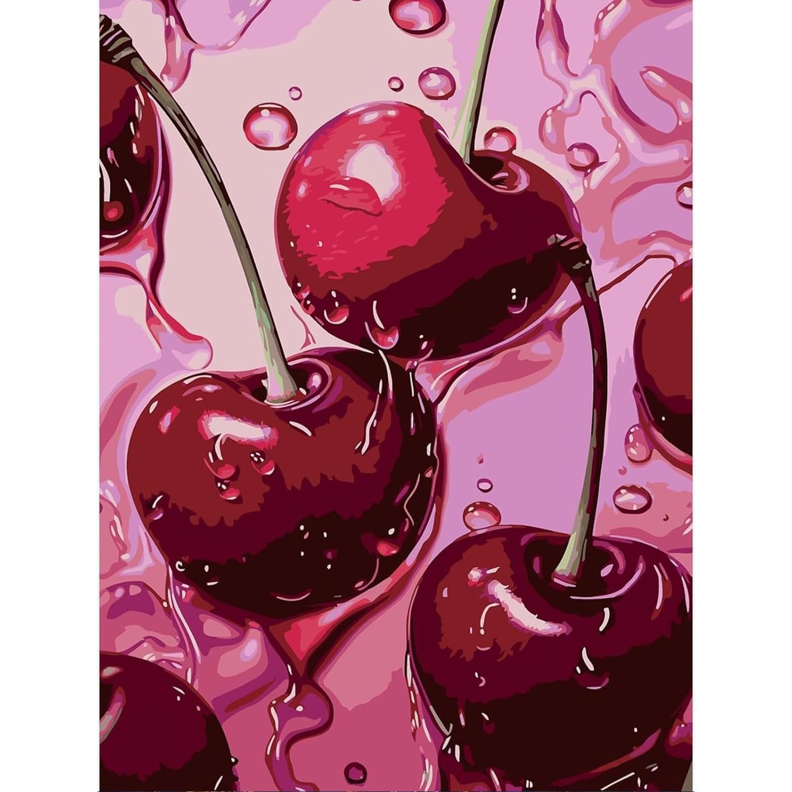 Close-up of a diamond painting canvas featuring dripping cherries with water droplets on a pink background.