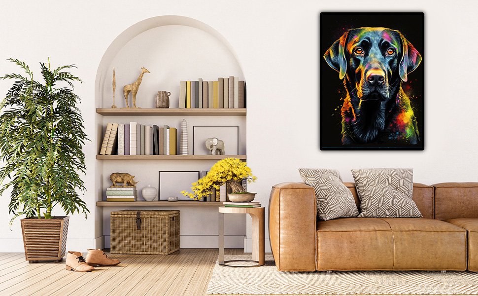 Colorful diamond painting of a black labrador dog head hanging on a wall above a leather couch.