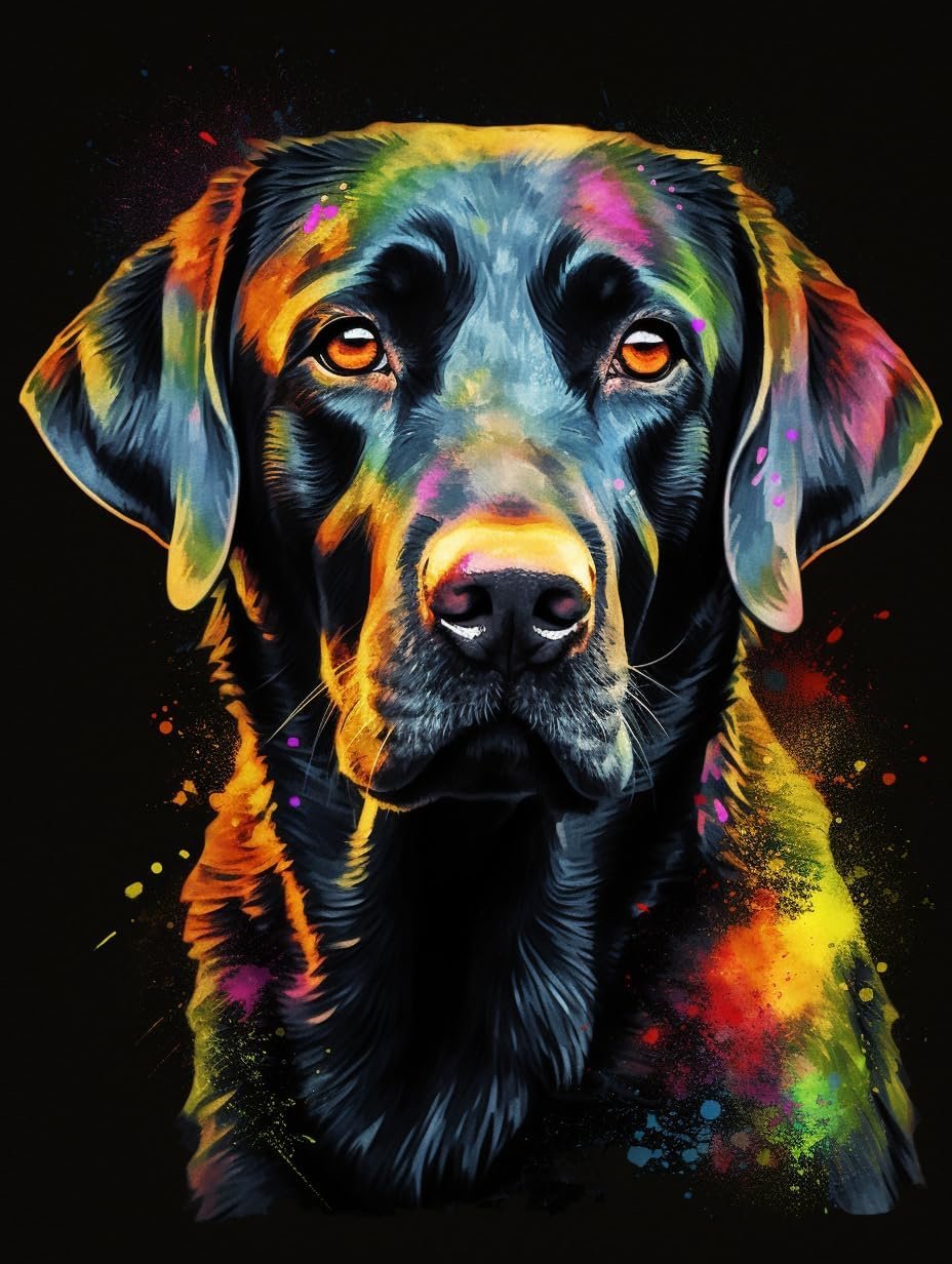Close-up portrait of a black labrador retriever with vibrant rainbow paint splatters on its face and fur.