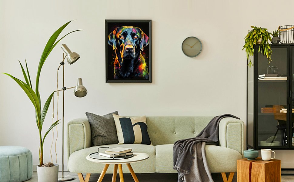 Colorful diamond painting of a black labrador dog hanging on a wall above a sofa in a living room setting.